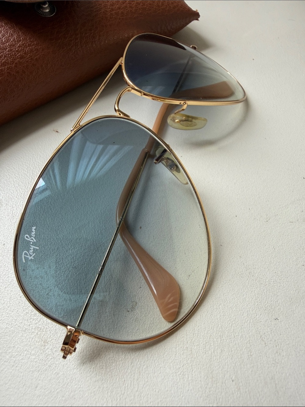 Ray-Ban Gold Frame Sunglasses with Blue Gradient Lenses and Brown Case - Picture 5 of 12